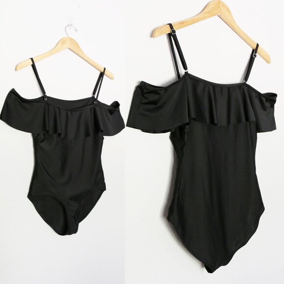 Black Off The Shoulder or Strapless Ruffle One Piece Swimsuit S Padded Modest - Picture 4 of 11